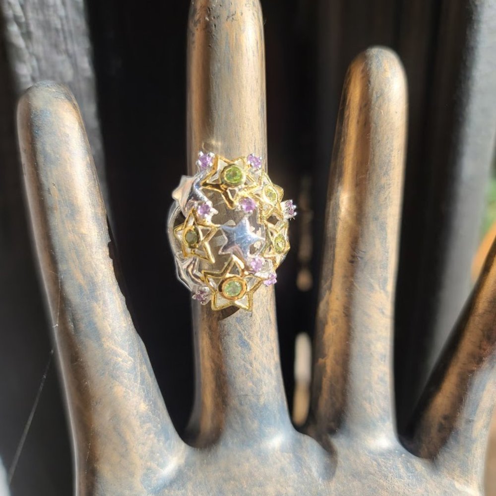 Amethyst & Peridot sterling and gold star dome ring sz6.5 - Picture 10 of 10